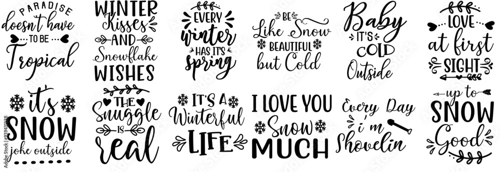 Fototapeta premium Elegant Winter Typographic Emblems, Quotes Set Vector Illustration for Printing Press, Magazine, Printable