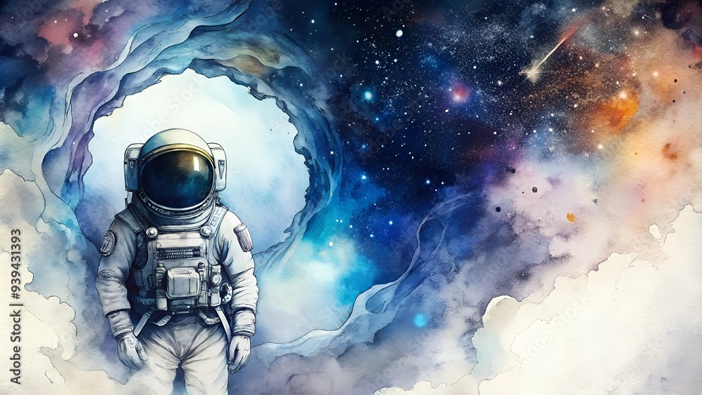 Astronaut in Front of Cosmic Portal Surrounded by Vibrant Nebula Astronaut in Front of Cosmic Portal Surrounded by Vibrant Nebula