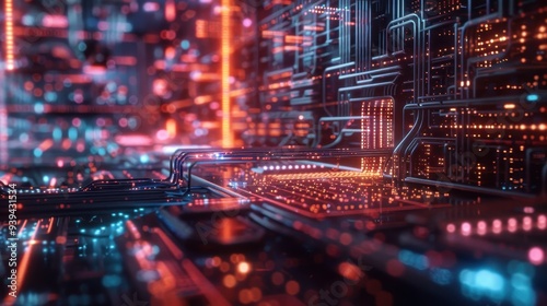 Futuristic digital circuit with vibrant lights showcasing advanced technology in a modern, high-tech environment