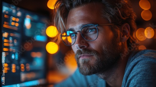 Close-up of pensive software developer in eyeglasses thinking deeply while coding in dimly lit office