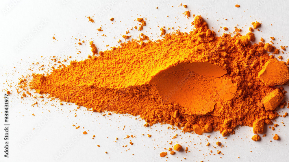Turmeric powder spread over on a white background Turmeric powder spread over on a white background