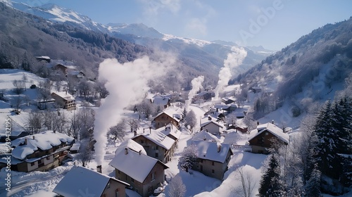 Drone Aerial View of Snowy Mountain Village with Chimney Smoke photo