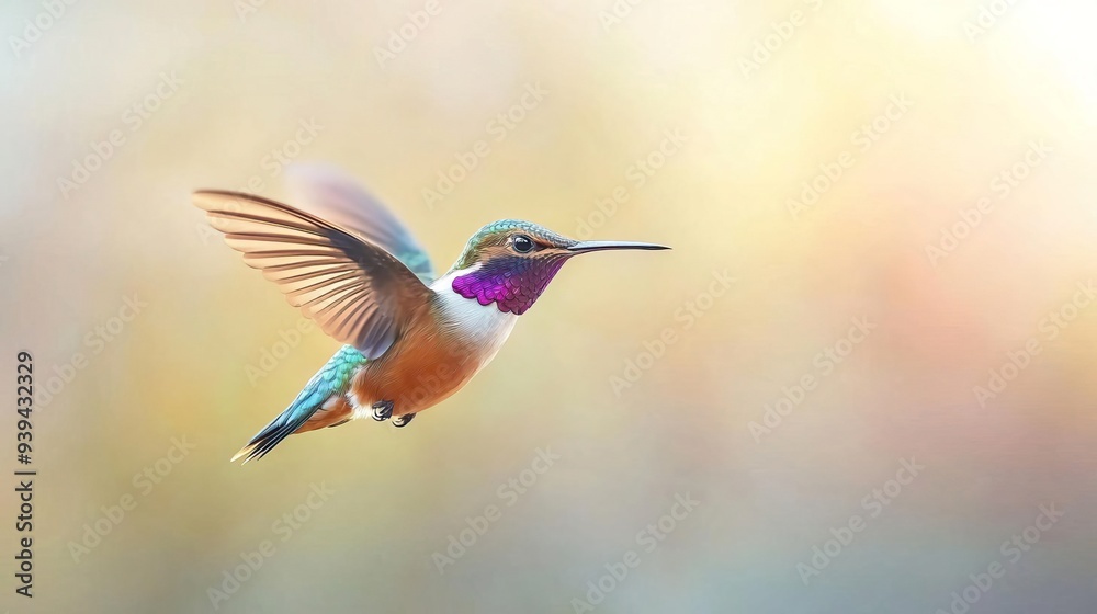 Obraz premium A vibrant hummingbird in flight against a soft, colorful background.