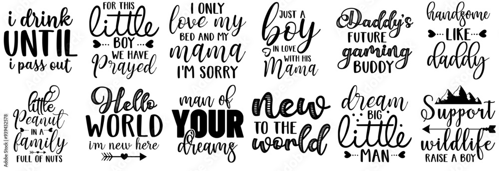 Fototapeta premium Simple Baby Boy Phrases, Trendy Retro Style Illustration Set Vector Illustration for Brochure, Presentation, Packaging