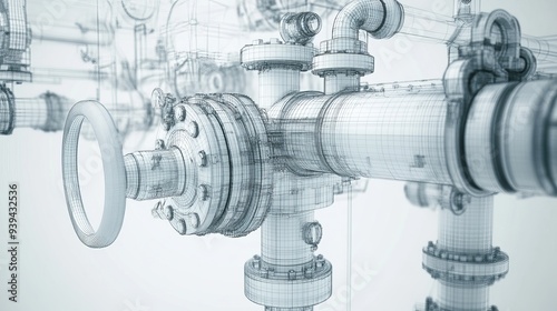 Vector rendering of industrial equipment such as valves presented in a wireframe style with layers of visible and invisible lines separated for orthographic views