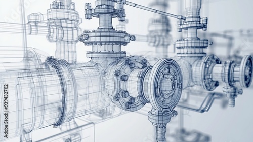 Vector rendering of industrial equipment such as valves presented in a wireframe style with layers of visible and invisible lines separated for orthographic views