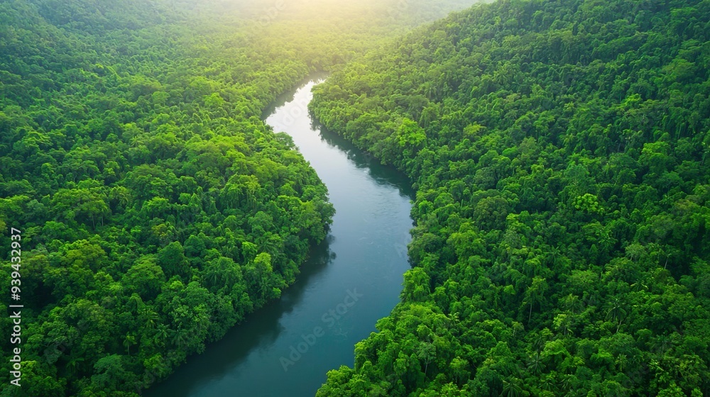 Aerial view of a winding river flowing through a lush green rainforest. Aerial view of a winding river flowing through a lush green rainforest.