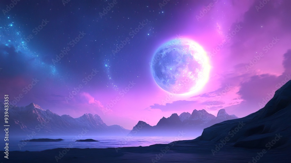 A mystical landscape with a giant moon, mountains, and a starry sky. A mystical landscape with a giant moon, mountains, and a starry sky.