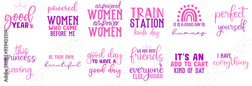 Simple Womens Day Typographic Emblems, Quotes Set Vector Illustration for Mug Design, Wrapping Paper, Label