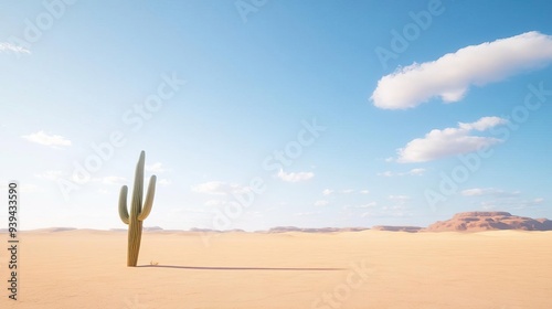 Single cactus in a vast desert landscape under a blue sky. photo