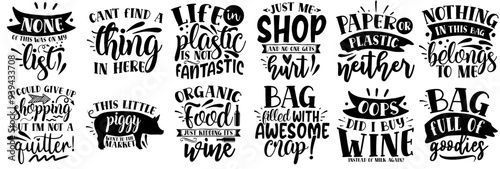 Minimal Tote Bag Inscriptions, Typography Bundle Vector Illustration for Gift Card, Decal, Infographic