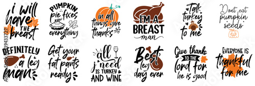 Creative Thanksgiving Quotes, Inscriptions Set Vector Illustration for Wrapping Paper, Label, Infographic