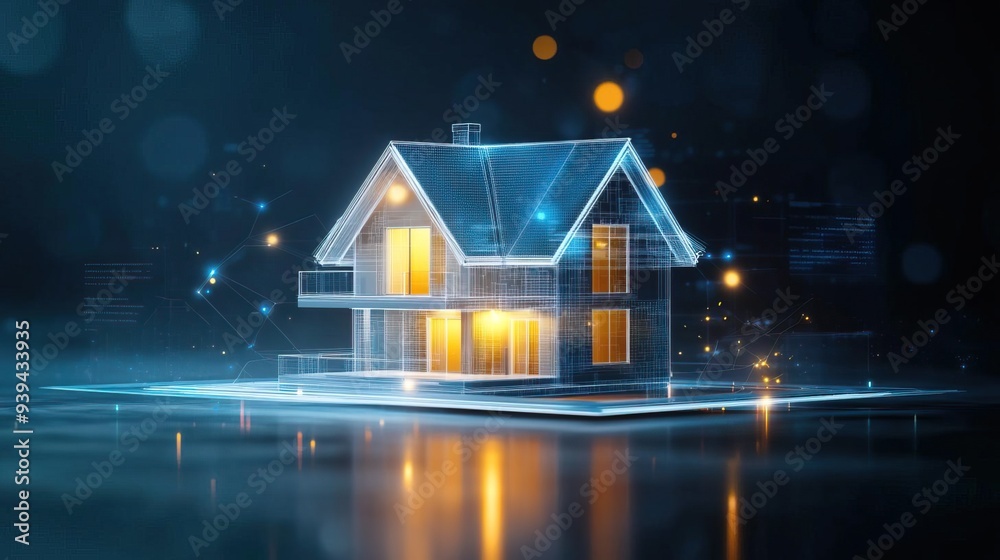 A holographic display of a residential building blueprint, with layers that can be toggled to view electrical wiring, plumbing systems, and interior layouts in a clear, detailed fo A holographic display of a residential building blueprint, with layers that can be toggled to view electrical wiring, plumbing systems, and interior layouts in a clear, detailed fo