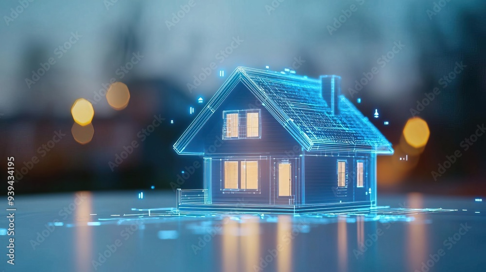 Digital rendering of a house with glowing blue lines representing the structure. Digital rendering of a house with glowing blue lines representing the structure.