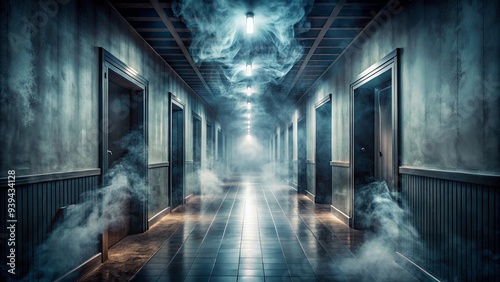 A spooky hallway filled with smoke and shadows, creating an eerie atmosphere