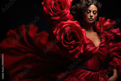 flamenco dancer emerging from a red rose flower