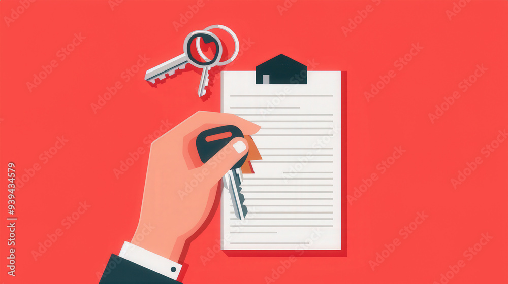 Real Estate Essentials, a flat design illustration showcasing paperwork, house keys, and contracts, emphasizing the key components of property transactions and home ownership. Real Estate Essentials, a flat design illustration showcasing paperwork, house keys, and contracts, emphasizing the key components of property transactions and home ownership.