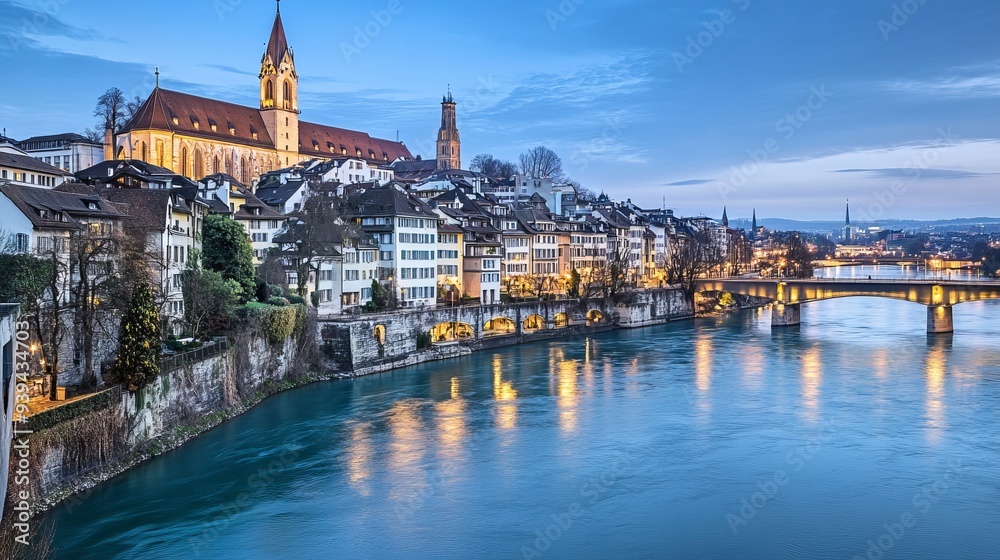 Obraz premium Basel historic upper town architecture evening view, northwestern Switzerland