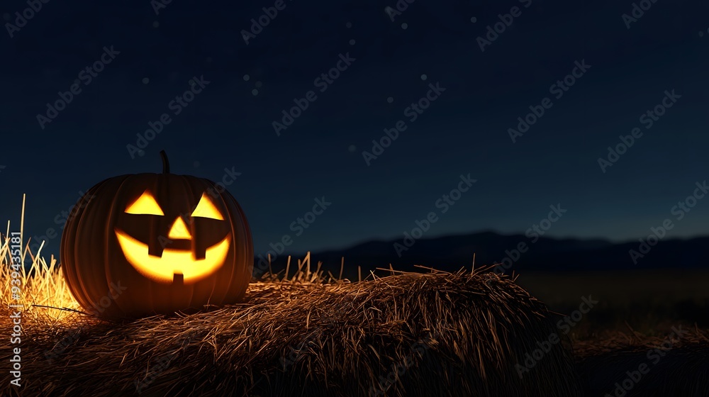 Realistic Friendly Jack-o'-Lantern on Straw Bale, Dark Starry Night Sky, Mysterious Halloween Ambiance with White Space Realistic Friendly Jack-o'-Lantern on Straw Bale, Dark Starry Night Sky, Mysterious Halloween Ambiance with White Space