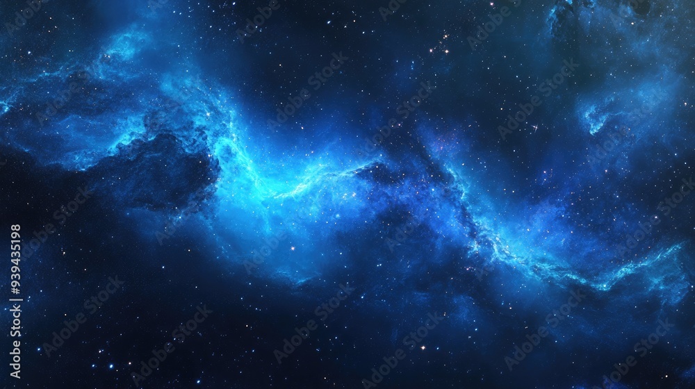 Fototapeta premium A mesmerizing blue galaxy filled with twinkling stars and cosmic dust, offering a beautiful, celestial backdrop for creative projects.