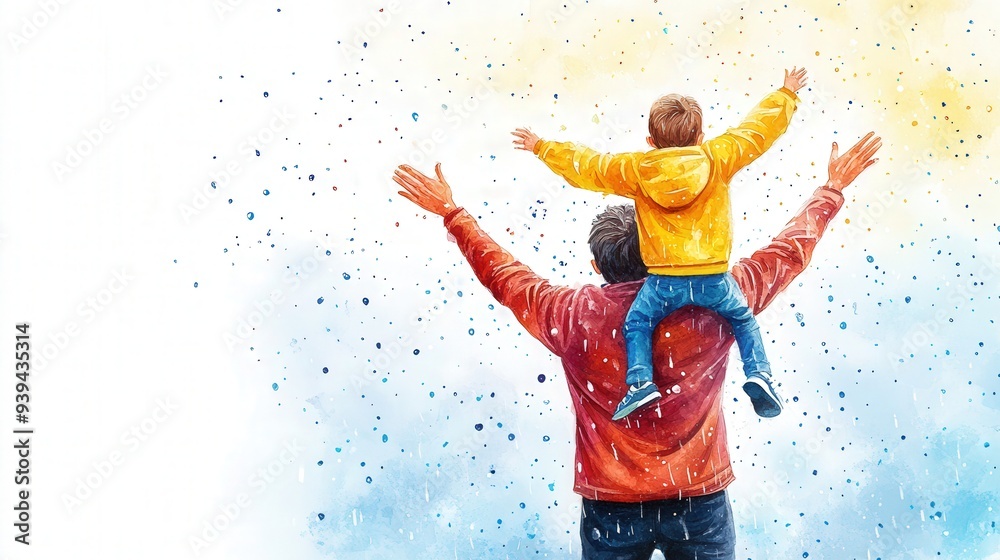 Naklejka premium Joyful Father and Son, a whimsical watercolour scene of a father lifting his son on his shoulders, arms raised to the sky, amidst gentle rain on a soft white background.