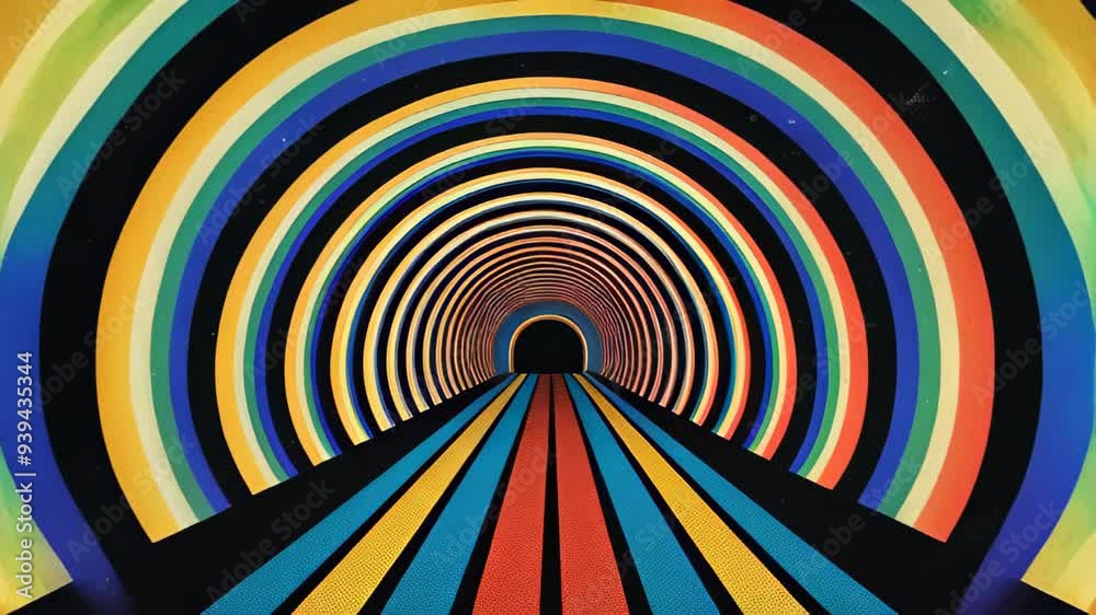 retro dark colorful background with rainbow road and cosmic gates, pop art, grainy texture, 4k animation cartoon footage