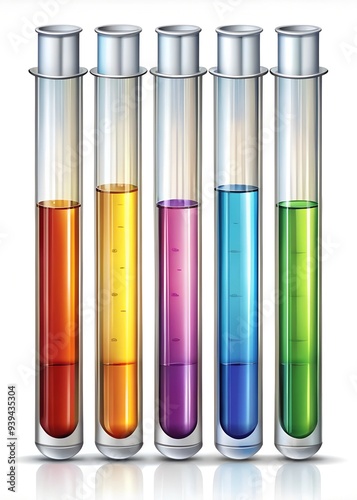 A set of five test tubes filled with colorful liquids in various shades, representing scientific experimentation or chemical analysis. Ideal for science, laboratory, and education themes.