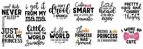 Colourful Baby Girl Calligraphy, Typographic Emblems Set Vector Illustration for Stationery, Decal, Newsletter