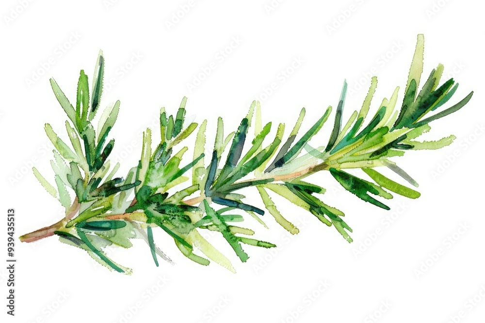 A fresh green rosemary sprig captured in a watercolor illustration, showcasing its vibrant colors and natural beauty.