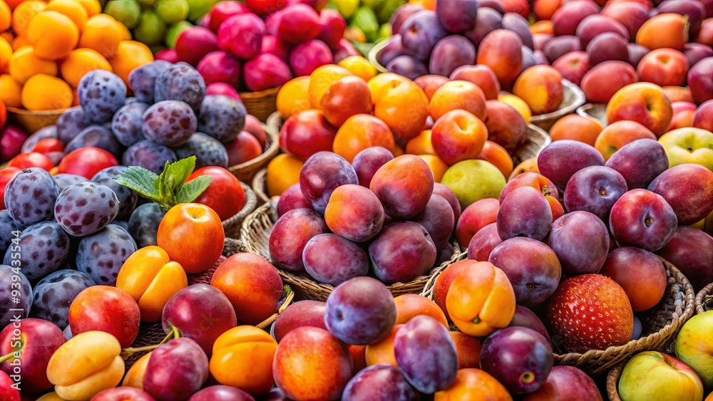 Assorted plumcots on display at a farmer's market a colorful and juicy mix of plum and apricot hybrids Assorted plumcots on display at a farmer's market a colorful and juicy mix of plum and apricot hybrids
