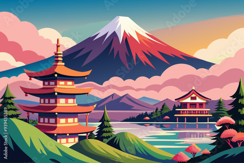 Beautiful View of Mount Fuji in Fujiyoshida, Japan vector illustration