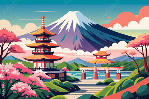 Beautiful View of Mount Fuji in Fujiyoshida, Japan vector illustration