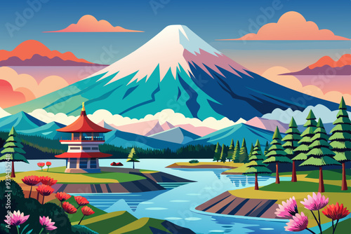 Beautiful View of Mount Fuji in Fujiyoshida, Japan vector illustration