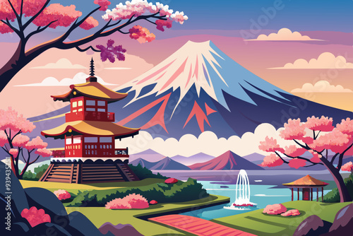 Beautiful View of Mount Fuji in Fujiyoshida, Japan vector illustration