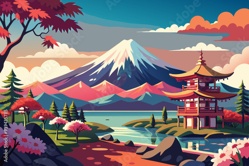 Beautiful View of Mount Fuji in Fujiyoshida, Japan vector illustration