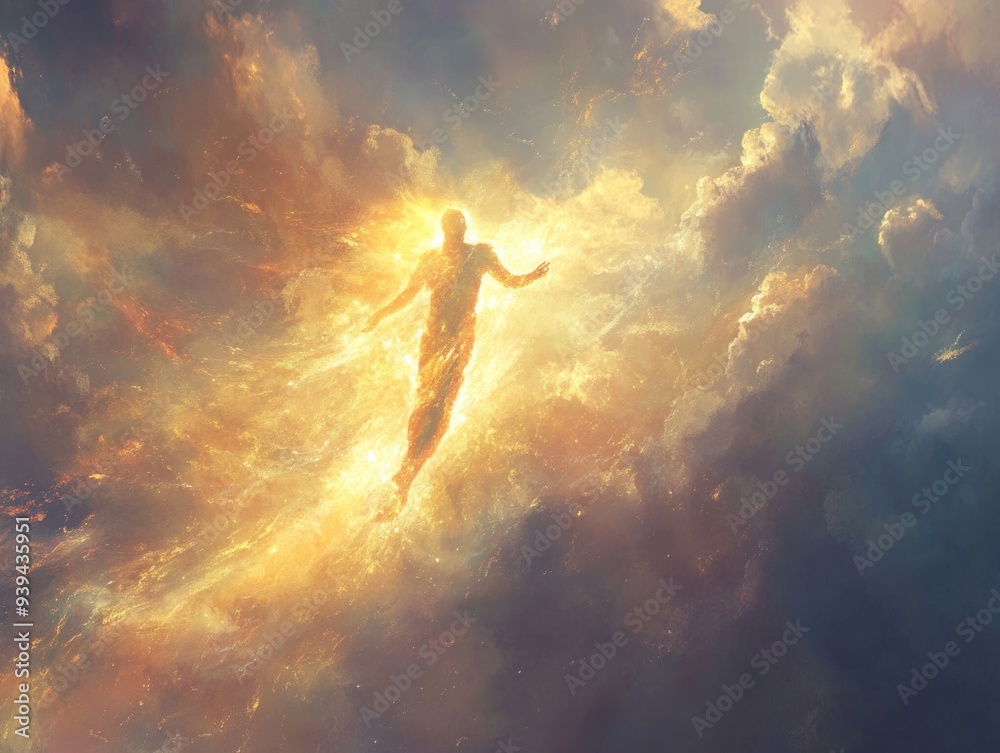 Obraz premium Ethereal Figure in Radiant Light Amidst Mystical Clouds and Heavenly Sky