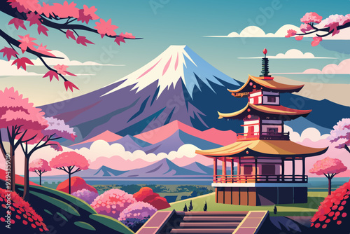 Beautiful View of Mount Fuji in Fujiyoshida, Japan vector illustration