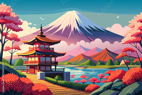Beautiful View of Mount Fuji in Fujiyoshida, Japan vector illustration