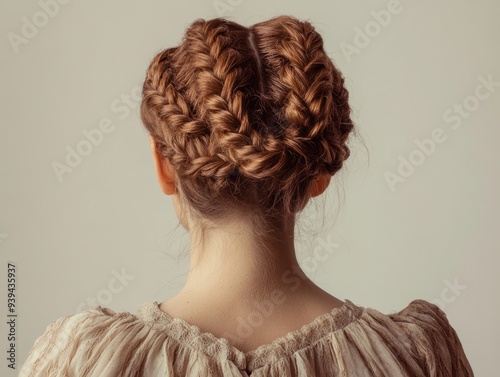 Elegant Braided Hairstyle on Woman's Brown Hair - Back View, Vintage-Inspired Lace Dress, Light Background