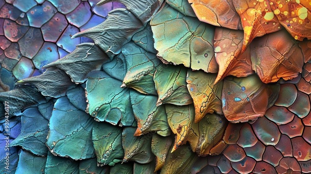 Obraz premium Close-up of rainbow-colored iridescent scales with detailed texture and gradient.