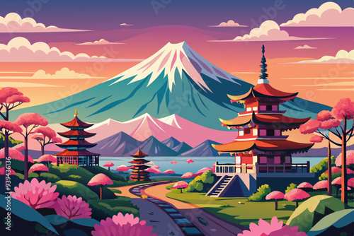 Beautiful View of Mount Fuji in Fujiyoshida, Japan vector illustration