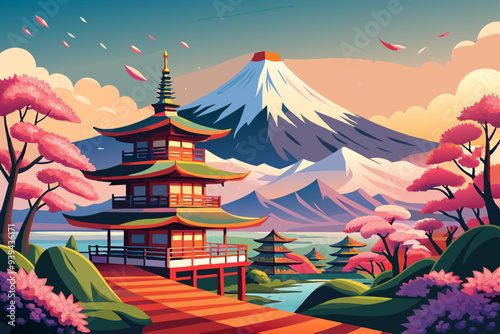 Beautiful View of Mount Fuji in Fujiyoshida, Japan vector illustration