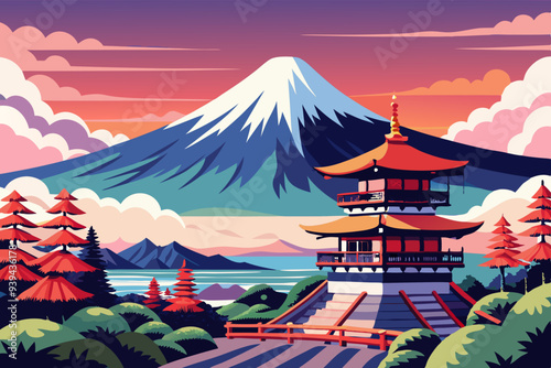 Beautiful View of Mount Fuji in Fujiyoshida, Japan vector illustration