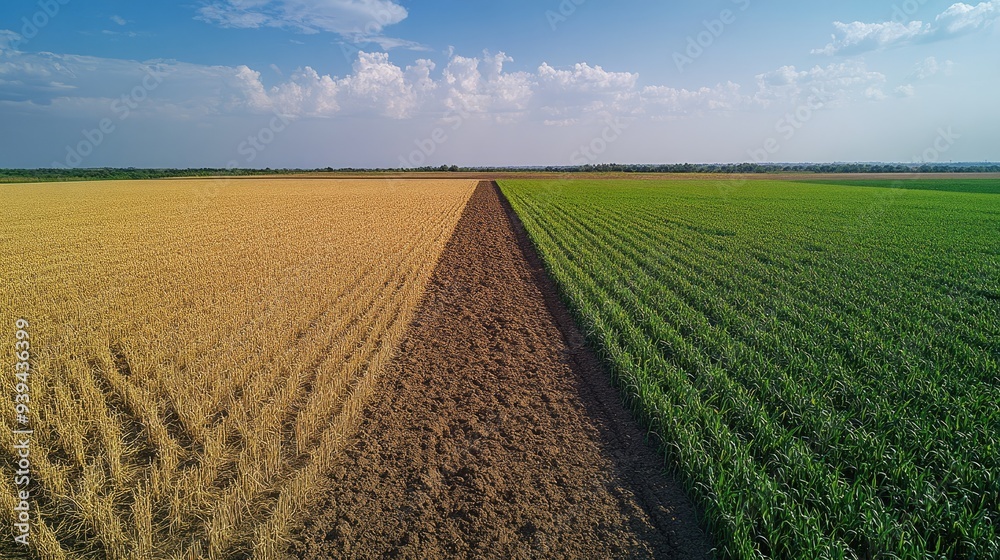 A powerful comparison of dry, barren land and fertile, green fields, highlighting the agricultural challenges of hunger and satiety A powerful comparison of dry, barren land and fertile, green fields, highlighting the agricultural challenges of hunger and satiety