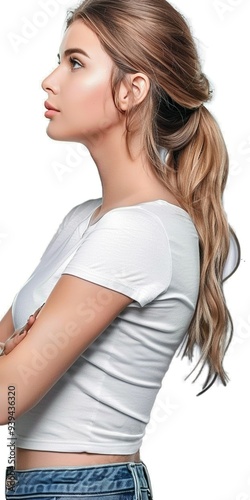 Confident woman in a white top and jeans, posing in a side profile.