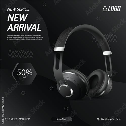 Premium Elegant Black headphone ads on clean black shiny gradient background in 3d illustration, Vector Wireless over ear headphone, Wireless over ear headphone ad.