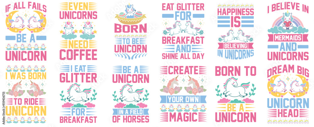 Fototapeta premium Modern Unicorn Invitation, Hand Lettering Bundle Vector Illustration for Holiday Cards, Magazine, Decal