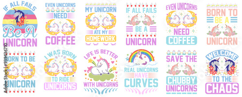 Cute Unicorn Typographic Emblems, Calligraphic Lettering Pack Vector Illustration for T-Shirt Design, Icon, Book Cover