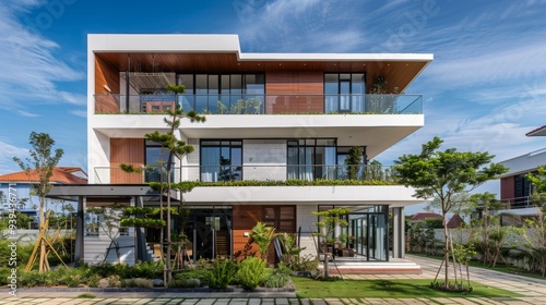 A multi-tier contemporary home featuring large windows and a landscaped garden, situated in a modern, well-maintained neighborhood, embodying modern living and design. photo