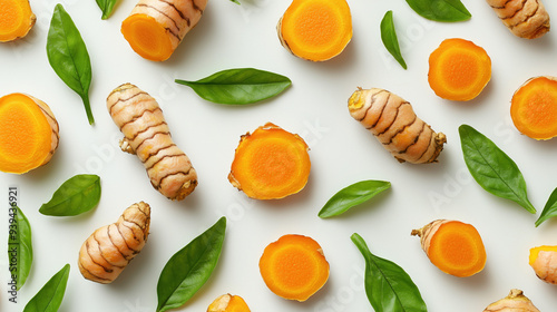 Pattern of turmeric slices and leaves on a white background 